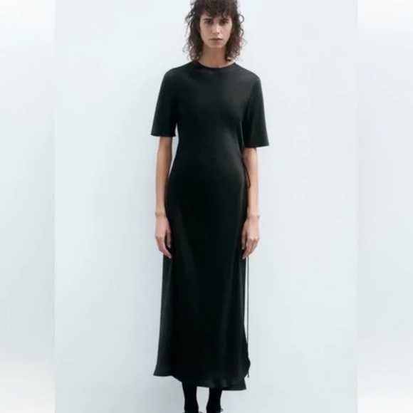 ZARA BLACK SATIN EFFECT WRAP MAXI DRESS XL - Picture 3 of 6